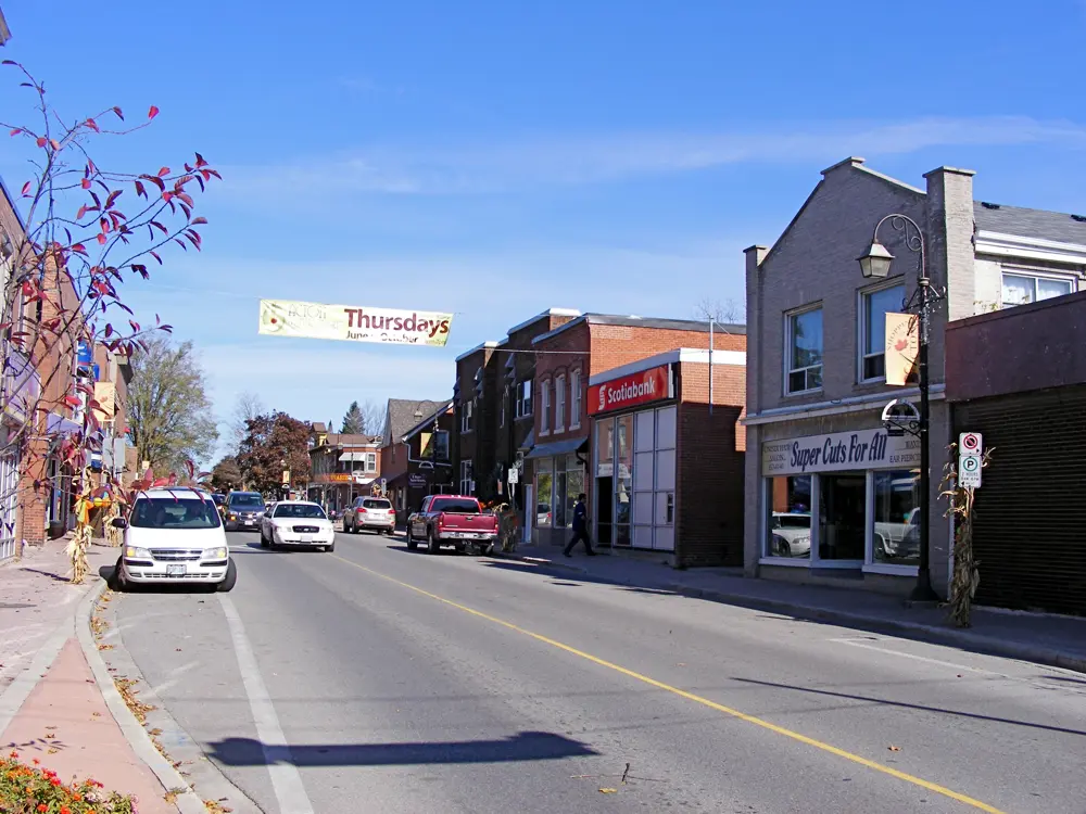 A small-town Acton street and the rural countryside surrounding it in Halton Hills
